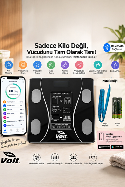 Voit 052 Akıllı Bluetooth Dijital Baskül Yağ Su Kas Vücut Kitle Endeksi Kilo ...