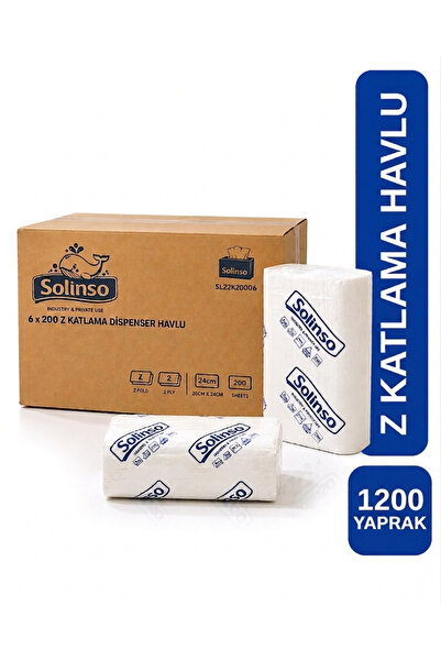 SOLINSO 🐳 Z Katlama Kâğıt Havlu 200’lü Dispenser Peçete 6 Paket 1200 Adet 24...