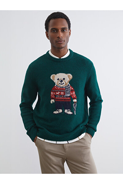 LC Waikiki Lcw Vision Green Knitwear Printed Oval Collar Men's Sweater with N...