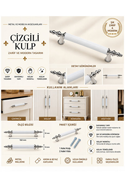 EMSALtasarım Inci Kombin Lüks Modern Dolap Çekmece Kulpları 160 Mm Krom Beyaz...