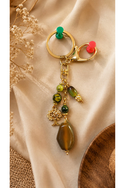 arzela Natural Stone Agate Jade Stone and Hematite Keychain Silver Color Steel Chain Copper Wire