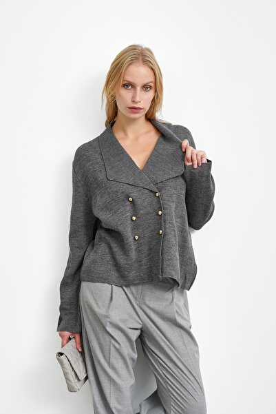 İmajButik Anthracite Double Breasted Collar Buttoned Knitwear Cardigan