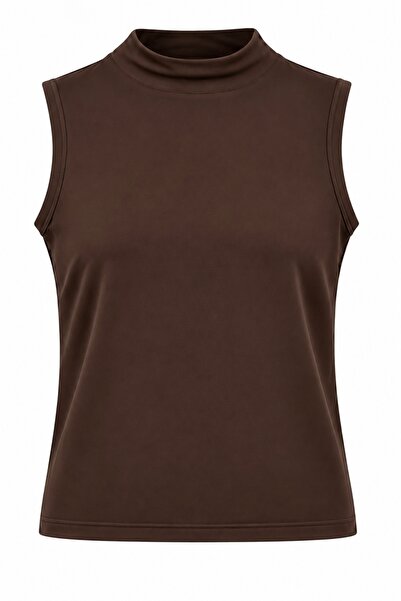 İmajButik Kahverengi Sıfır Kol Modal Yaka Katlı Body