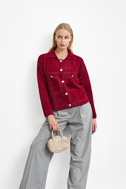 İmajButik Burgundy Angora Soft Knit Cardigan