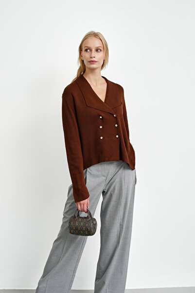 İmajButik Brown Double-Breasted Collar Buttoned Knitwear Cardigan