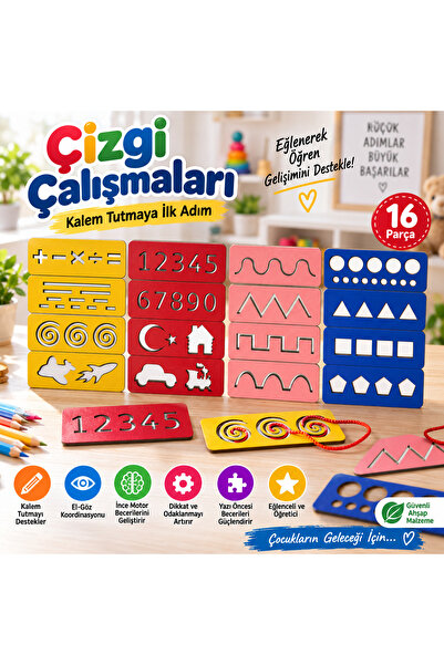 Trendy Toys Eğitici Ahşap Çizgi Çalışmaları Sayılar Ve Şekiller Montessori El Kası Geliştirme