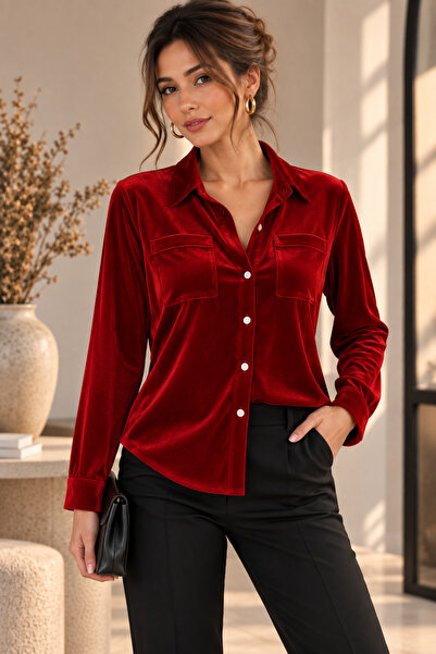 Viyamo New Season Women's Style Suede Shirt with Pockets, Collar and Front Bu...