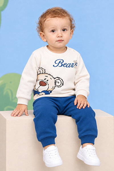 Rocha Baby Rocha Baby Boy Ecru Navy Blue Teddy Bear Printed 2-Piece Set - Cot...