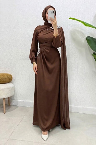 Abiye Diyarı Diores Stone Detailed Cape Janjan Fabric Hijab Evening Dress - B...