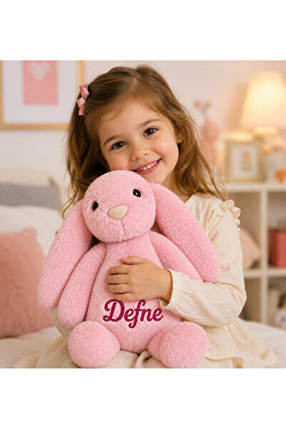 Tosbiş [ KİŞİYE ÖZEL İSİM YAZILIR ] (35 cm) Peluş Tavşan Pembe Renk Uyku Arka...