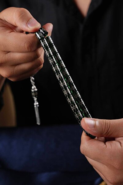 dergah tesbih Rolex Yeşili Gümüş İşlemeli  Sıkma Kehribar