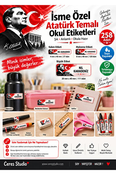 Ceres Studio Atatürk Temalı Okul Etiketi Kalem Defter isimli Etiket Isimli Ok...