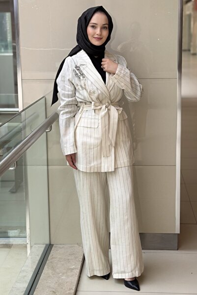 Ghisa Floral Bead Embroidered Striped Jacket and Trousers Set