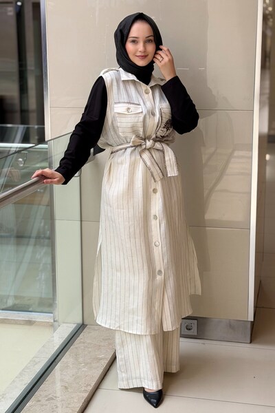 Ghisa Embroidered Pocket Sleeveless Striped Long Shirt and Trousers Set