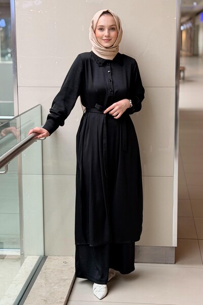 Nurcan Çetin Long Tunic Trouser Set with Collar and Laser Cut Belts
