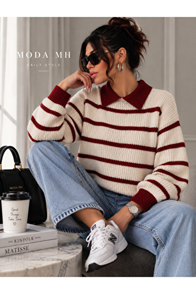 moda mh Women's Selani̇k Knitted Polo Neck Striped Oversize Style Sweater