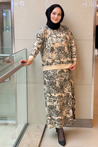 Ghisa Sequin Detailed Tree Patterned Tunic Skirt Set