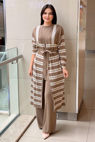 Ghisa Horizontal Stripe Sleeveless Tunic Cardigan Trousers 3-Piece Set Knitwe...