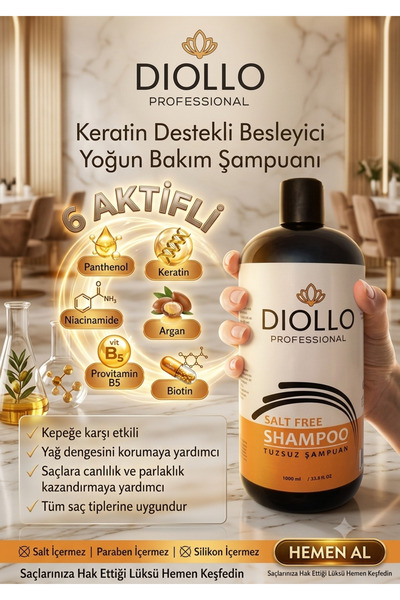 Diollo Tuzsuz Şampuan Argan Ve Keratin Katkılı Yeni Formül 1000 ml