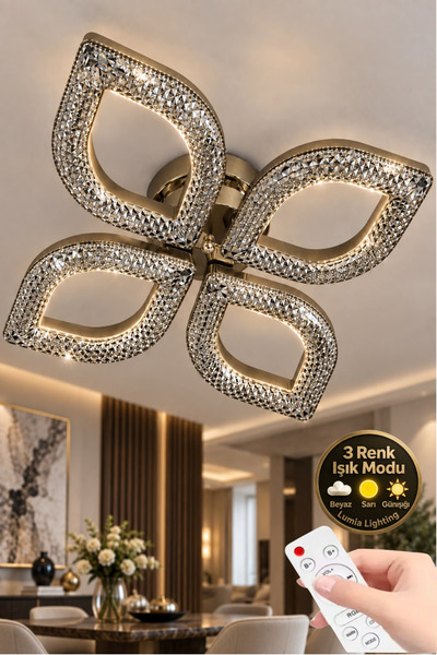 Elora Home Yaprak Model Eskitme 4"lü Ledli 3 Renk Modu Kristal Salon Mutfak Y...