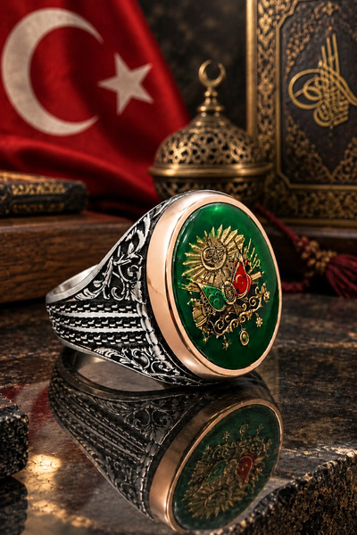Siset Gümüş 925 Ayar Yeşil Mine Üzerine Osmanlı Devlet Armalı Erkek Gümüş Yüzük