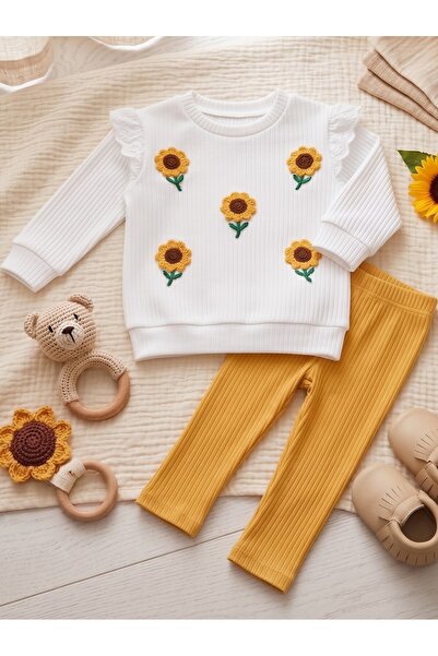 EYMİR GİYİM Sunflower Embroidered Ribbed Baby Girl/Child 2-Piece Top and Bott...