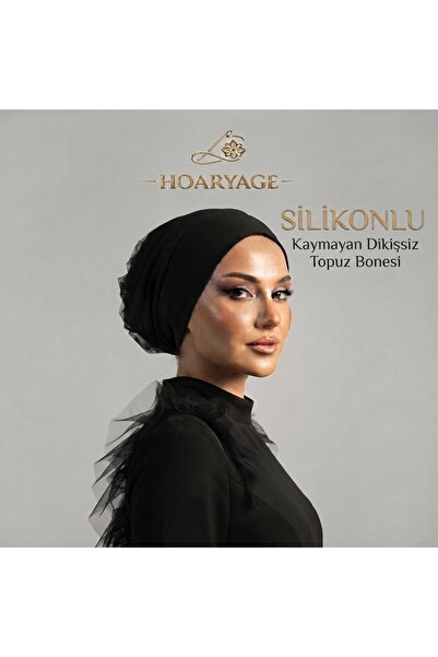 hoaryage Siyah Pamuklu Fırfırlı Bone - Silikonlu Kaymayan Dikişsiz Topuz Bone...