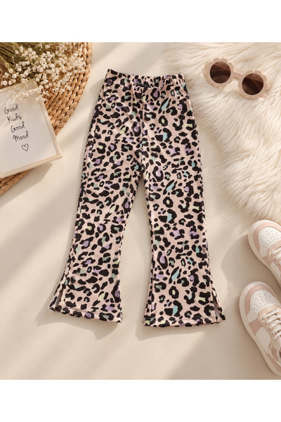eladamoda Açık Pembe Leopar Desen Ispanyol Paça Kız Cocuk Pantolon