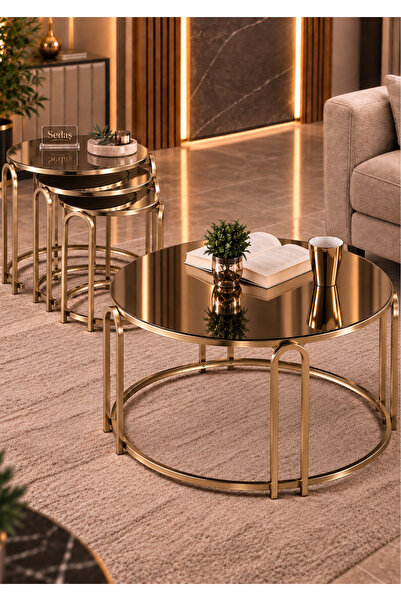 SEDAŞ LIVING UNITS 4 Lü Bronz Ayna Gold Metal Ayaklı Ayna LENKA Model Sehpa T...