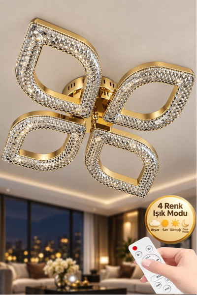 Lüxev Lighting Flora Model Gold 4"lü Ledli 3 Renk Modu Kristal Salon Mutfak Y...