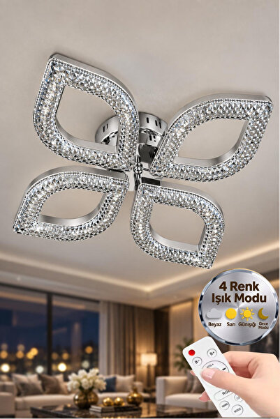 Lüxev Lighting Flora Model Gümüş 4"lü Ledli 3 Renk Modu Kristal Salon Mutfak ...