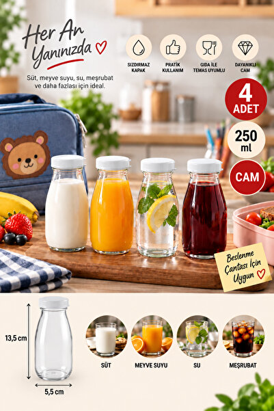 Tanemce 4 Adet Beyaz Plastik Kapaklı 250 ML Şeffaf Sürahi Süt, Ayran, Su, Lim...