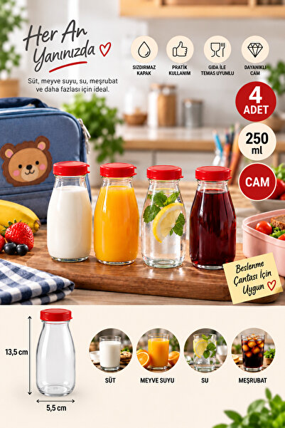Tanemce 4 Adet 250 ML Şeffaf Sürahi Süt, Ayran, Su, Limonata, Meşrubat Şişesi...