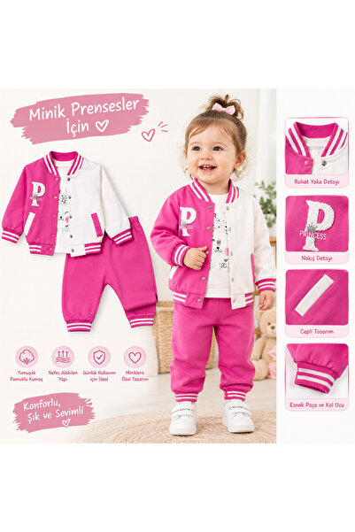 %100 PAMUKLU PRİNCESS NAKIŞLI 3 LÜ KIZ BEBEK TAKIMI