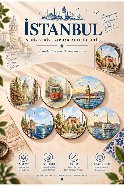 NCPUZZLES İstanbul Temalı 6'lı Ahşap Bardak Altlığı Seti – 10 cm, Şehir Serisi