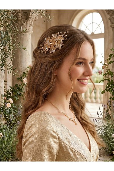 ASİMEL TASARIM Bridal Crown, Hair Accessory Gold Color Hairpin Promise Engagement Marriage Wedding Hijab 20