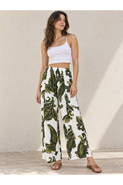 UNDERRATED Women's White Imported 100% Linen Green Shawl Patterned Wide Leg P...