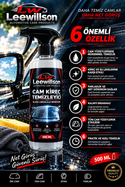 LeeWillson Cam Kireç Sökücü 500 ML – Oto Cam Kireç ve Su Lekesi Temizleyici –...