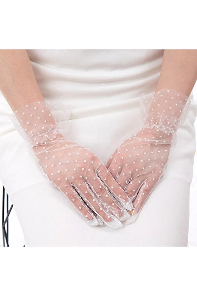 SS HOME CONCEPT Short Length Laced White Polka Dot Tulle Gloves White Color