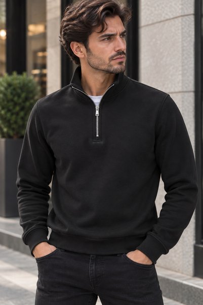EMPEROR APPAREL Erkek Yarım Fermuarlı Şardonlu Sweatshirt - Siyah