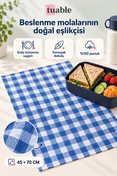 Tuable Lunch Cover Set of 3 Checkered Blue 45 × 70 cm – for Kindergarten and Primary School, 100% Cotton, Suitable for Food Contact