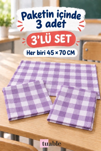 Tuable Lunch Cover Set of 3 Checkered Lilac 45 × 70 cm – for Kindergarten and Primary School, 100% Cotton, Suitable for Food Contact