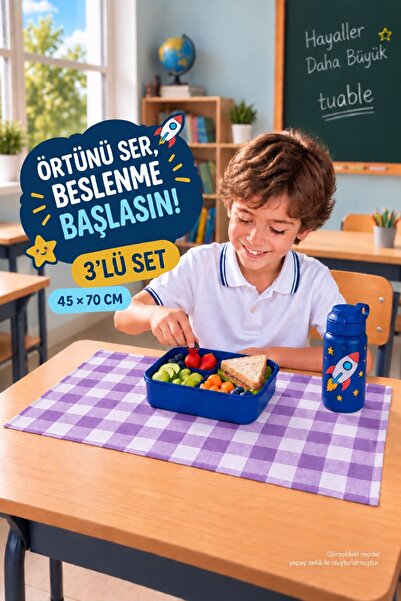 Tuable Lunch Cover Set of 3 Checkered Lilac 45 × 70 cm – for Kindergarten and...