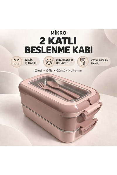 Mikro BK-6125 İki Katlı Beslenme Kabı Çatal Kaşıklı Yemek Kutusu Renk Seçenekli