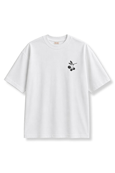 Unisex T-shirt Kalın Dokulu Kumaş %100 Pamuk Cherry Baskılı Beyaz