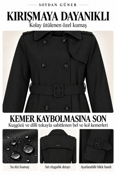 Soydan Güner Su Itici Özellikli Kırışmaz Kumaş Trençkot Siyah 5840