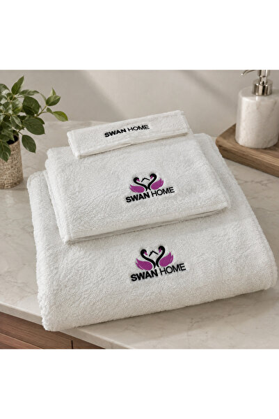 Lüks 3'lü Spa ve Banyo Havlu Takımı - %100 Pamuklu (Mor Kuğu Nakışlı)