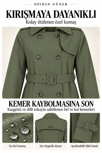 Soydan Güner Su Itici Özellikli Kırışmaz Kumaş Trençkot Haki 5840