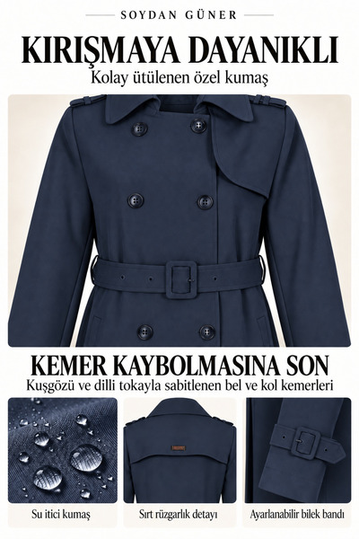 Soydan Güner Su Itici Özellikli Kırışmaz Kumaş Trençkot Lacivert 5840