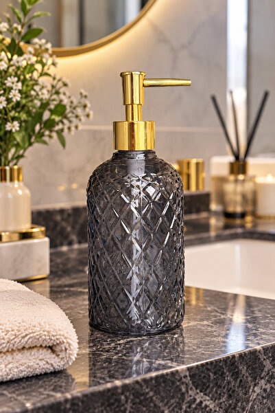 ANGDESİGN Alaçatı Tekli Cam Sıvı Sabunluk FÜME || Modern Lüks Banyo Aksesuarı Dekoratif Sıvı Sabunluk Sabun Dispenseri Banyo & Mutfak İçin Tezgah Üstü Lavabo || GOLD POMPALI || Bulaşık Deterjanı El Sabunu